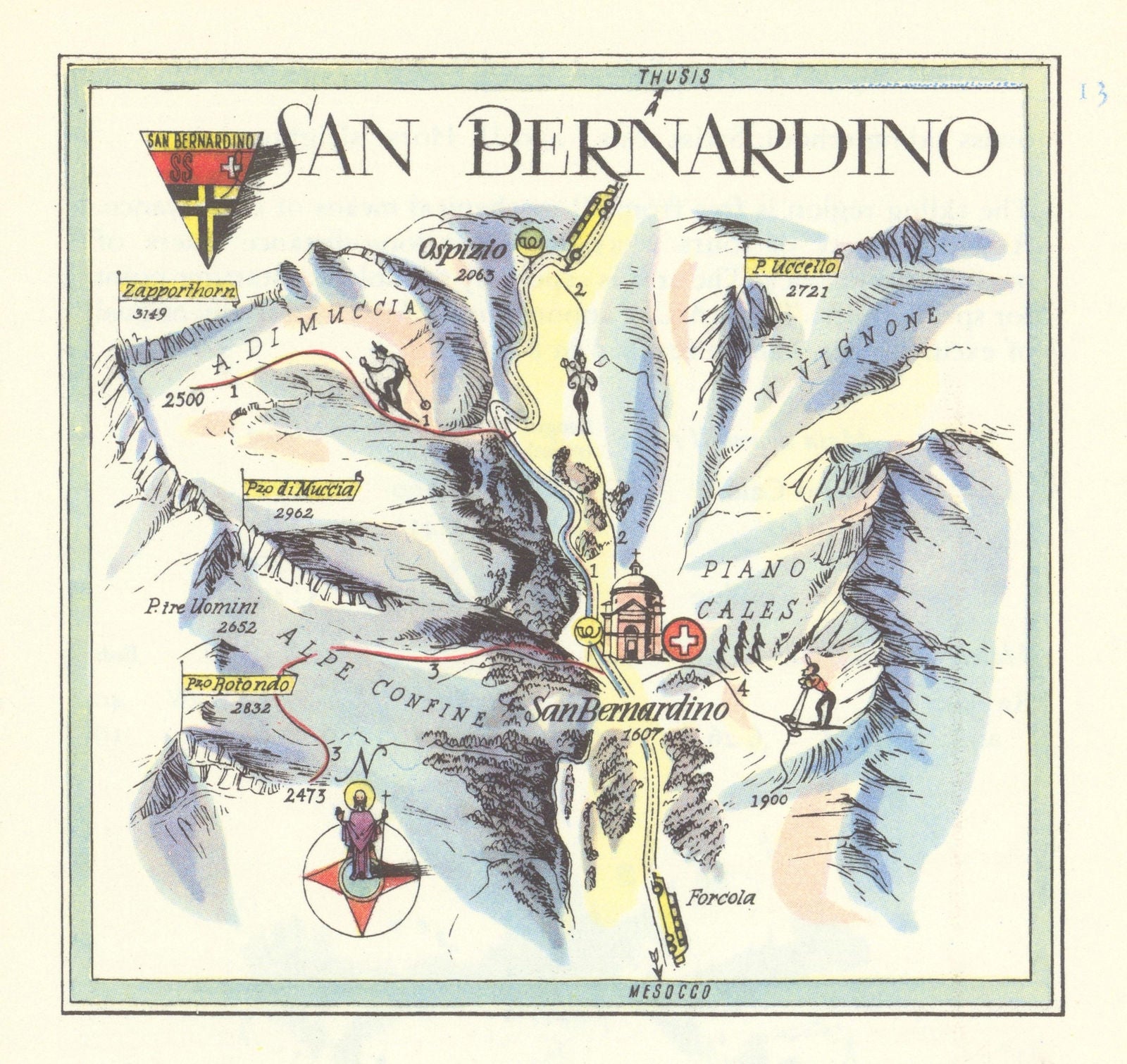 San Bernadino small ski resort piste/trail map by Otto Müller 1949 old